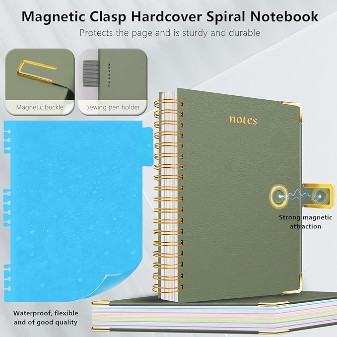 Hardcover Spiral Notebook College Ruled, 8.5"x11" Leather Journal Notebook with Magnetic Closure, 300 Pages 5 Subject Notebook with Dividers Tabs Journal for Women Men, Work, School(Sage Green)