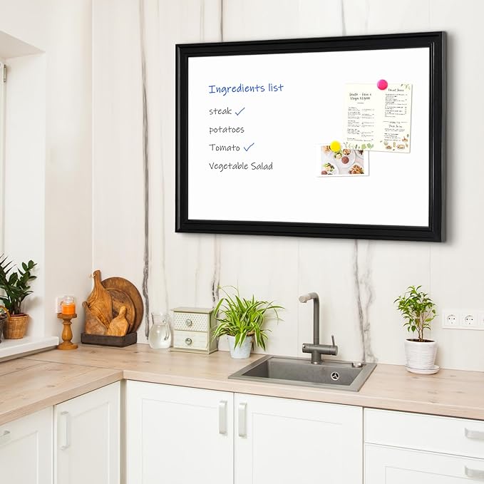 4 THOUGHT Magnetic Whiteboard 36" x 24" Dry Erase Board Wood Frame Wall-Mounted Decorative White Board Monthly Planner Notice Board for Home Office School with 8 Magnets 4 Markers 1 Eraser, Black