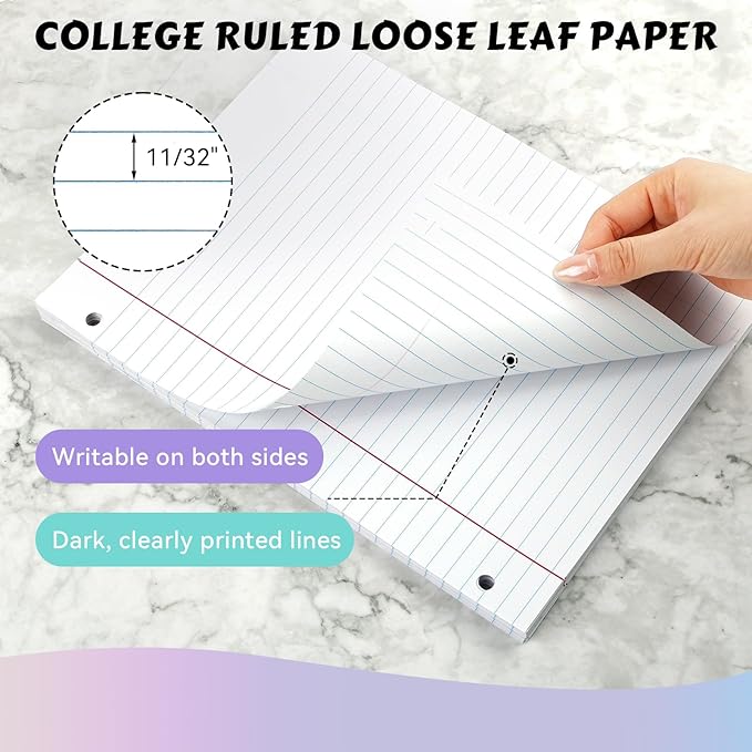 Loose Leaf Paper Wide Ruled Notebook Paper, 8" x 10.5" Lined Filler Paper for 3-Ring Binders, 3-Hole Punched Writing Paper-120 Sheets, White