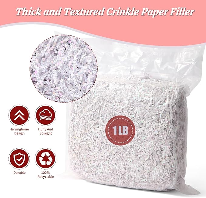 CANIYA 1 LB Iridescent Crinkle Cut Paper Shred Filler, Shredded Paper Filling for Gift Basket, Filler Paper for Birthday, Wedding, Anniversaries (Diamond White)