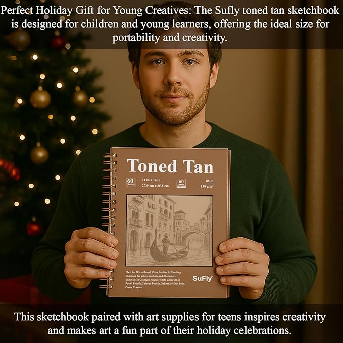 SuFly Toned Paper Sketch Book, 11x14 Inches, 60 Sheets - 90lb/150gsm Toned Tan Paper for Mixed Media, Charcoal, Graphite, Colored Pencils & White Gel Pens, 100% Recycled, Wire-O Bound.