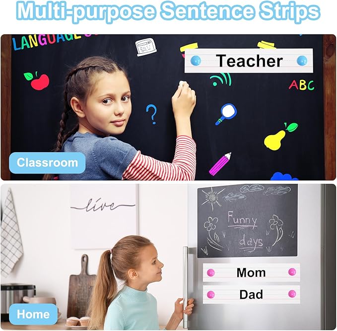 PATIKIL 100 Sheets Dry Erase Sentence Strips, 2" x 12" Reusable Cardstock Blue Red Lined Writing Paper Ruled Sentence Strips for Teachers Classroom Schedule