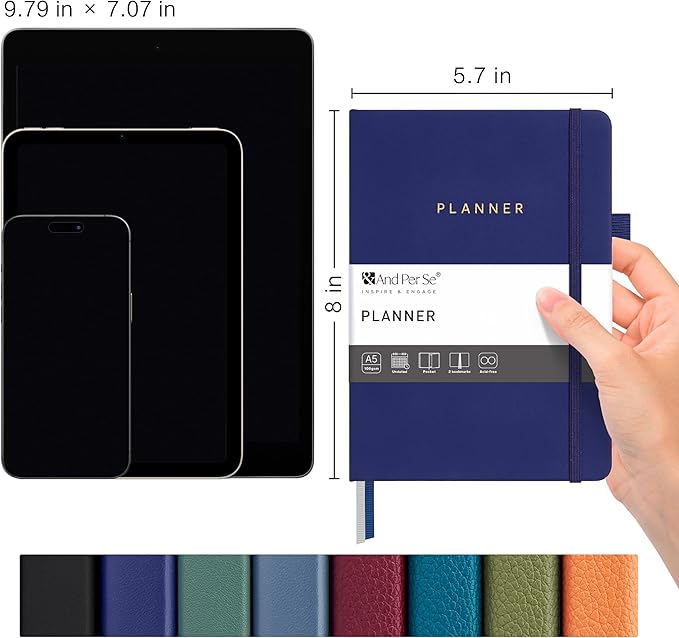 And Per Se Undated Planner, Weekly & Monthly Planner with Goal & Habit Tracker, A5 Leather Hardcover Productivity Journal for Academic Year (Royal Blue)