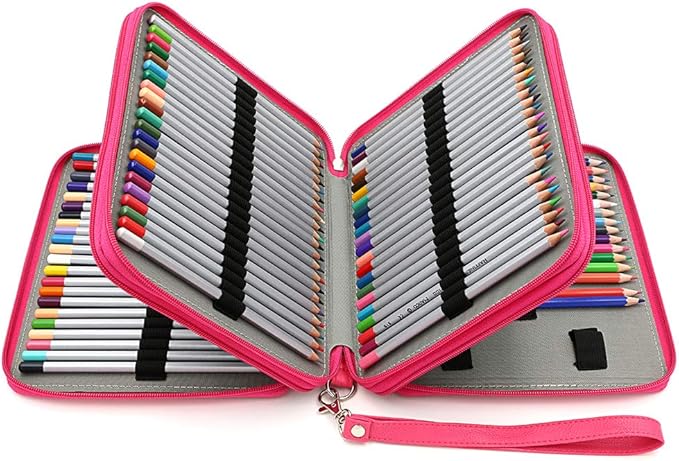 BTSKY Deluxe PU Leather Pencil Case For Colored Pencils - 120 Slot Pencil Holder with Handle Strap Handy Colored Pencil Box Large (Rose Red)