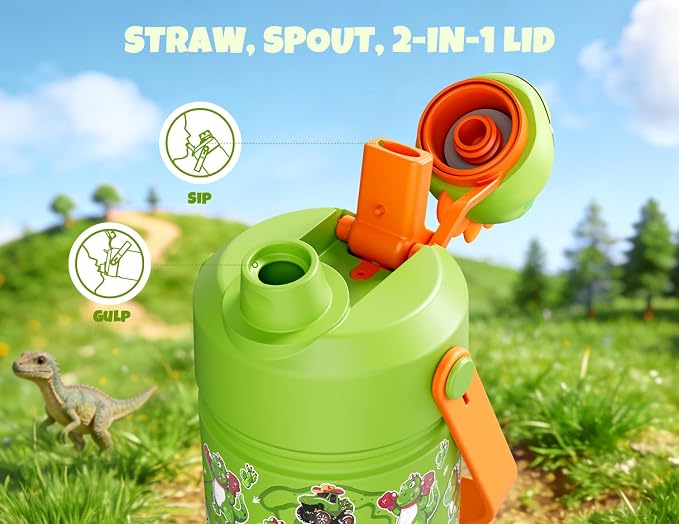 POWCAN Kids Water Bottle for School: 2-in-1 Straw Spout Lid with Soft Animal Head, Leakproof, Backpack Friendly, Keep Cold 24H, Insulated cup for Sports, Playground, Holiday Gift, Cowboy Rex 18 Ounces