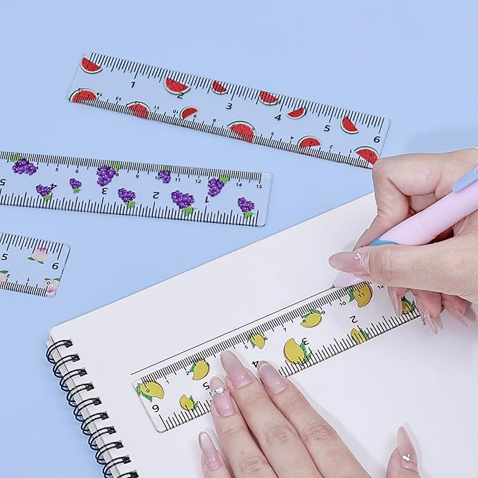 BAYTORY 4Pcs Transparent Acrylic Ruler 6 Inch, Clear Plastic Straight Rulers, Shatterproof Student Stationery Centimeters with Inches, for Classroom Essentials School Supplies (Fruit 6 Inch)