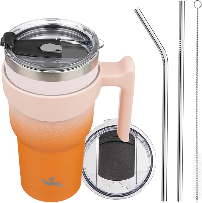 Konokyo 30 oz Tumbler with Handle and 2 Straw 2 Lid, Insulated Water Bottle Stainless Steel Vacuum Cup Reusable Travel Mug,Coral
