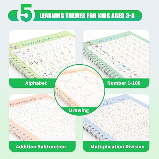 BYFWH Magic Groove Practice Copybook for Kids, Reusable Writing Practice Books, Grooved Handwriting Book Set for Kid Ages 3-8 Calligraphy 5.59 * 7.91 (5 Medium Books with Cactus Pens & Gift Box)