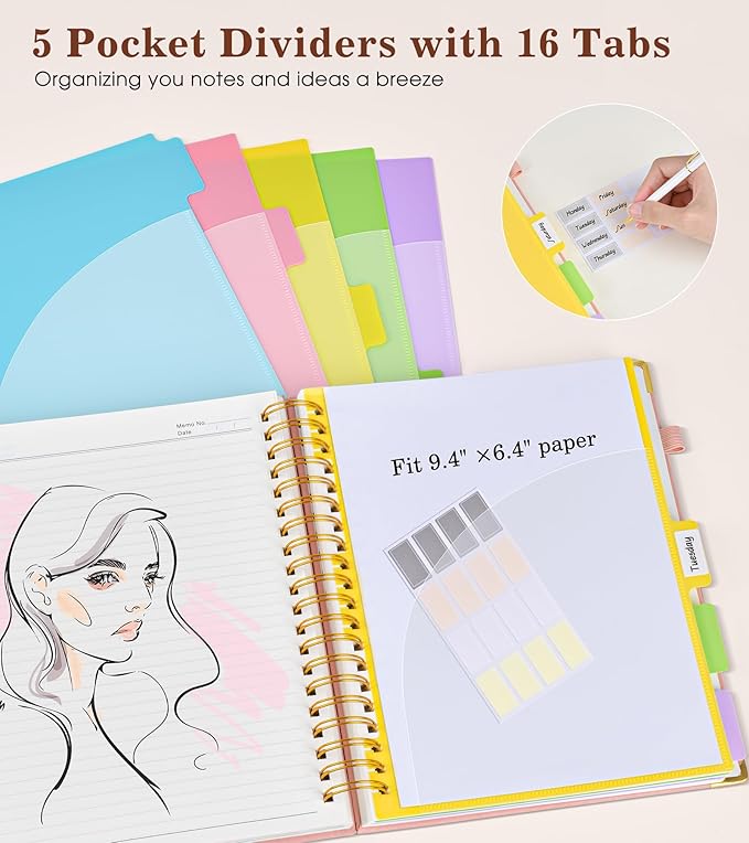 Hardcover Large Spiral Notebook journal with Removable Dividers Tabs, 300 pages Leather 5 Subject Notebook College Ruled, 8" x 10"Journal for Women Men, Notebooks for Work School Note taking,B5 Pink