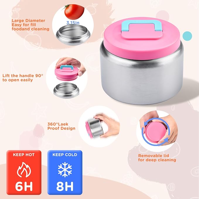 MAISON HUIS Bento Box for Kids with 8oz Soup Thermo, Insulated Lunch Bag & 17oz Water Bottle, 2-Compartment Bento Box with Built-In Ice Pack, Leak-Proof & BPA-Free (Pink)
