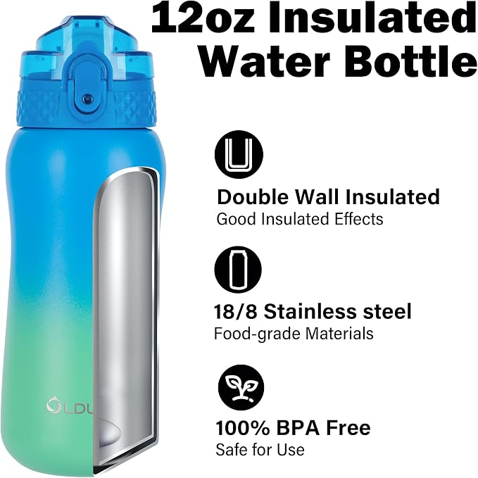 Oldley Insulated Water Bottle 12oz Water Bottles with Straw, Stainless Steel Water Bottle with 2 Lids,Double Wall Vacuum Bottel for Kids, Leak-Proof Sport Bottle for School Travel,Tropical Rainforest