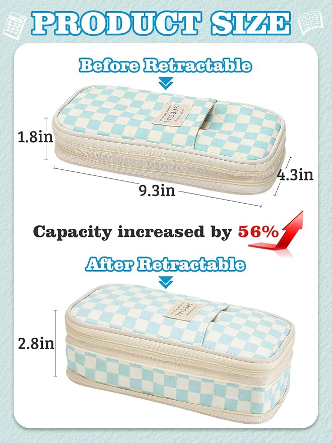 Bigmeta Gingham Expandable Pencil Case for Teens Girls - Light Blue | Zipper Gusset for Adjustable Capacity, Checkered Cute Pencil Pouch, Stationery Bag Box for Student Back to School Gifts