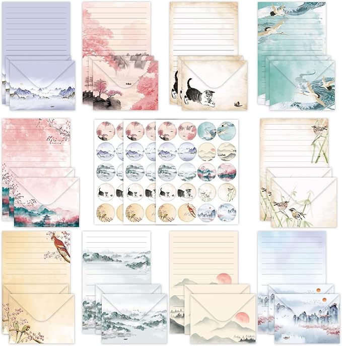 160 Pcs Stationery Paper Envelopes Set Includes 50 Lined Writing Paper & 50 Envelopes with 60 Colorful Round Dot Stickers, Ink Painting Letter Writing and Stationery Paper Envelopes(10Style)