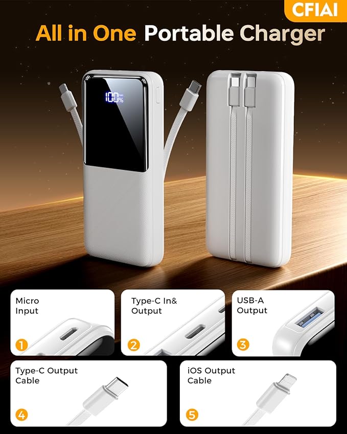 Portable Charger Power Bank, 50% Larger Capacity 15000mAh Battery Pack with Built in Cable, 22.5W Fast Charging Travel Camping Essential Powerbank for iPhone 17 16 Pro iPad Samsung S26 Google etc