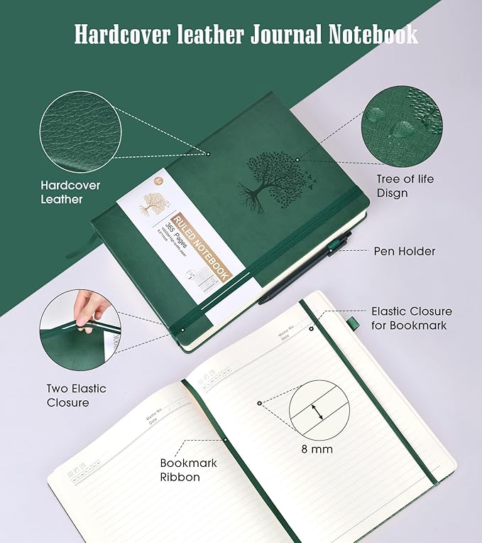 Lined Journal Notebook -365 Pages A5 Thick Journals for Writing Ruled Notebook, Hardcover Leather Journal for Women Men Daily Journal Notebook for Work, Note Taking, 100Gsm Lined Paper( 5.75'' X 8.38'' Green)