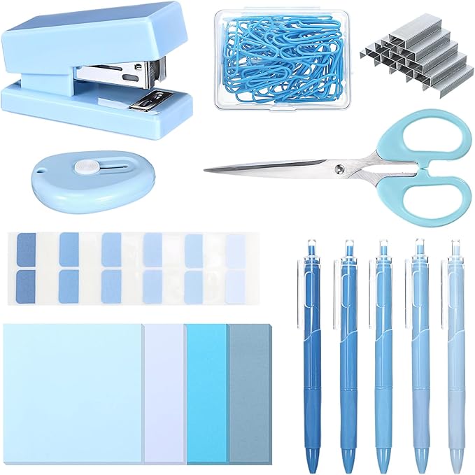 Mini Blue Office Supplies Kit Blue School Supplies Christmas Gift Desk Accessories with Gel Pens Sticky Notes Stapler Scissor Paper Clips Index Tabs Box Cutter for Christmas Gifts Office