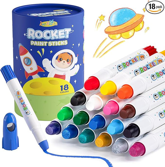 JUPITEARTH 18 Colors Rocket Tempera Paint Sticks with 120 PDF Coloring Pages, Quick Drying, Non-Toxic and Washable Paint Sticks for Kids and Students, Art Supplies for Drawing on Paper and Canvas
