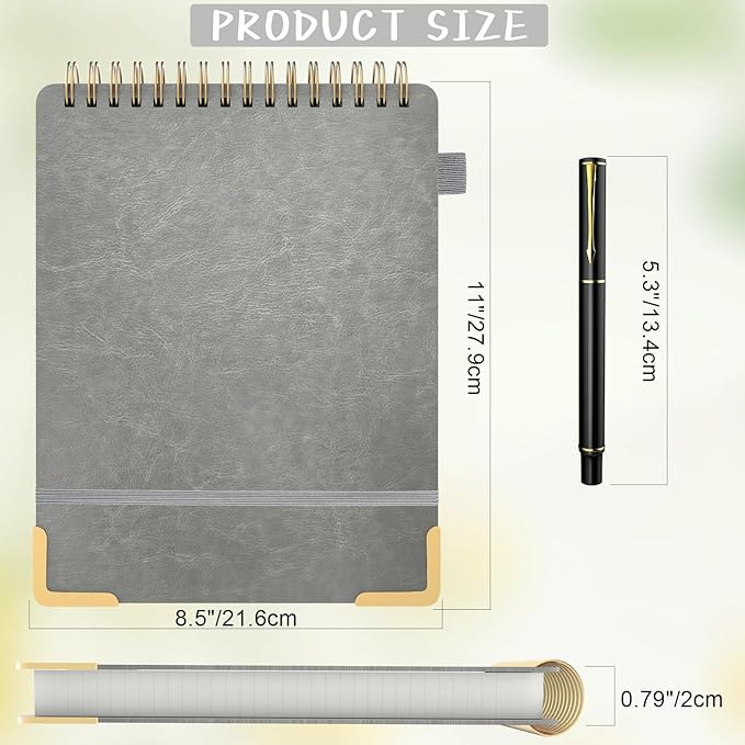 A4 Top Spiral Notebook, Large Leather Hardcover Top Bound Steno Pads, 240 Pages 100 gsm Thick Lined Paper Left Handed Notebook Journal for Work, School, Meeting Writing - Gray, 8.5" x 11"