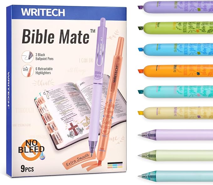 WRITECH Bible Mate Journaling Set: Highlighters & 0.7mm Ballpoint Pens 9ct | No Bleed Bible-Safe Highlighters + Black Ballpoint Pens Pastel Colors Quick Dry Ink Teachers Nurses Office