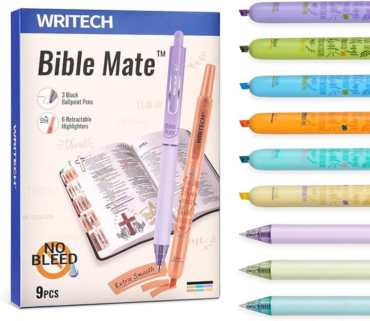 WRITECH Bible Mate Journaling Set: Highlighters & 0.7mm Ballpoint Pens 9ct | No Bleed Bible-Safe Highlighters + Black Ballpoint Pens Pastel Colors Quick Dry Ink Teachers Nurses Office