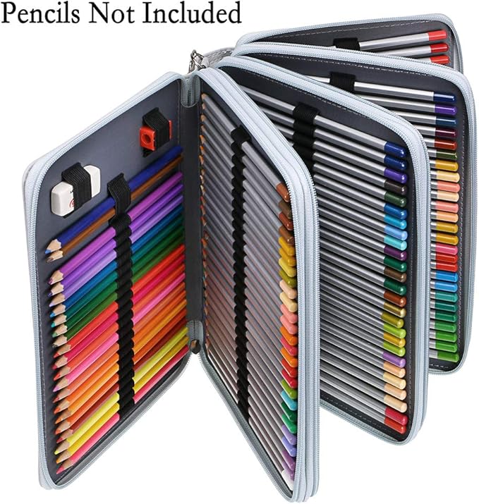 BTSKY 200 Slots Colored Pencil Organizer - Deluxe PU Leather Pencil Case Holder With Removal Handle Strap Pencil Box Large for Colored Pencils Watercolor Pencils Grey