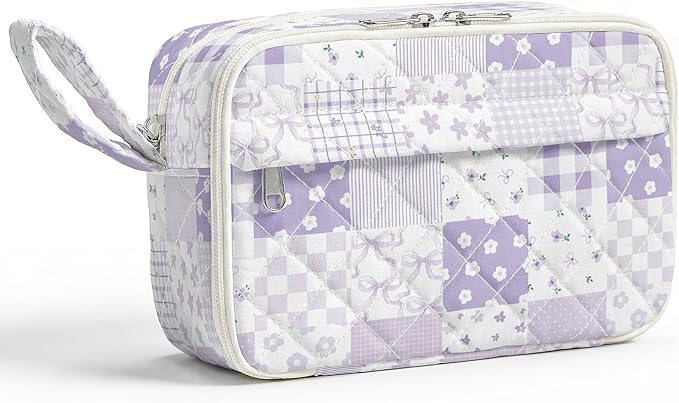 WOBAGMEN Quilted Pencil Pouch for Girls Women, Large Pencil Case Pouch with Compartments Cute Aesthetic Pencil Case Organizer, Floral Pencil Bag for School Supplies (Purple Checked Patchwoek)