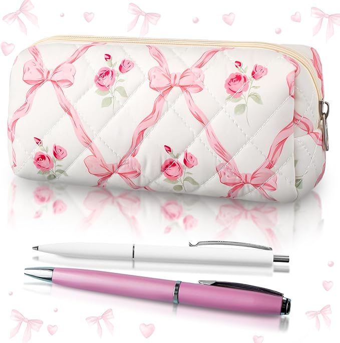 Sherr Coquette Pink Bow Pencil Case Pink Floral Bow Cute Pencil Pouch Soft Cotton Storage Bag Aesthetic Pattern Gift Makeup Pouch Cosmetic Bag for Women Adults