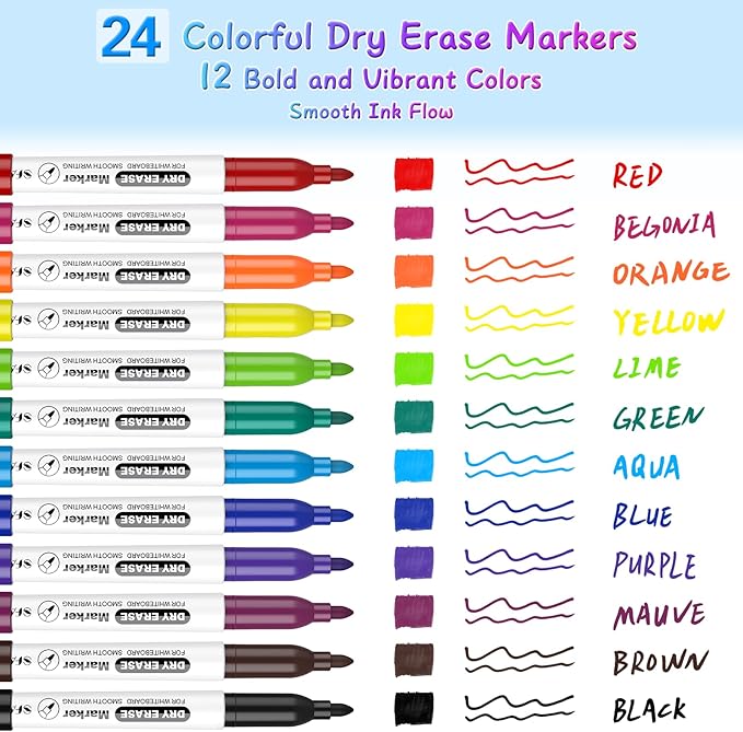 SFAIH Fine Tip Dry Erase Markers - 24 Pack 12 Assorted Color Whiteboard Erasable Markers Bulk, Ideal for Classroom School Office Home Use on White Board, Non-Toxic Easy Clean