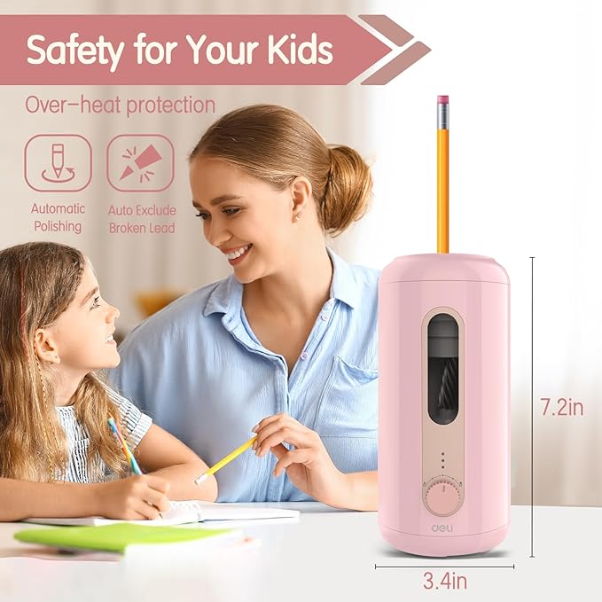 Electric Pencil Sharpener, Fully Automatic Pencil Sharpener for 6.9-10.8mm Colored/Jumbo Pencils, Auto in & Out, Rechargeable Hands-Free Sharpener for Classroom Home Office, Pink