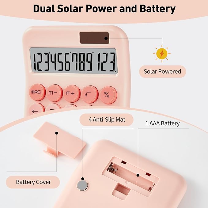 KANBIT Small Desktop Calculator with LCD Large Display and Sensitive Button, Dual Solar and Battery Powered with Automatic Sleep Basic Cute Calculators for Office, School and Business (Pink)