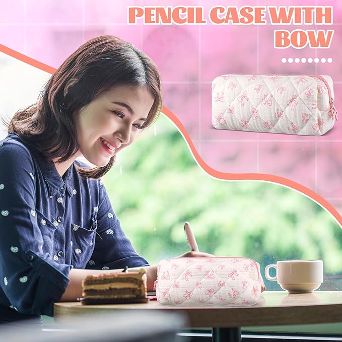 Sherr Coquette Bow Pencil Case Pink Bow Cute Pencil Pouch Soft Cotton Storage Bag Aesthetic Pattern Gift Makeup Pouch Cosmetic Bag for Women