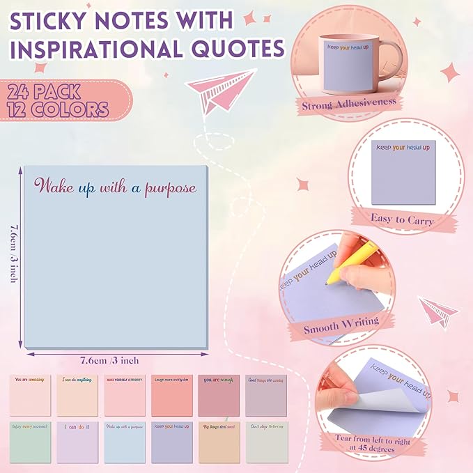 Yinder 24 Pcs Inspirational Sticky Notes Cute Motivational Sticky Notes Pad End of Year Employee Appreciation Gifts Bulk for Teacher Nurse Coworkers Office Supplies 3 x 3'' (Inspire,Aesthetics)