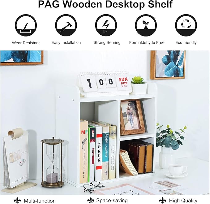 PAG Desktop Shelf Freestanding Wood Small Bookshelf Desk Supplies Organizers and Accessories Storage Display Rack Office Decor for Women, White
