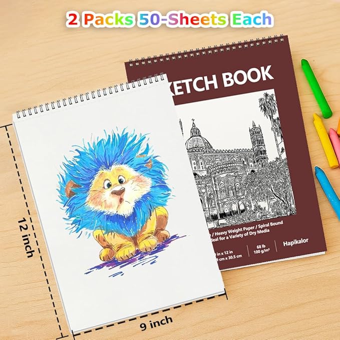 9" x 12" Sketch Book, 2-Pack 50 Sheets Spiral Bound Art Sketchbook, Acid Free Artist Drawing Book Paper, Art Supplies for Kids, Craft Activities, Sketch Paper for Drawing Coloring Sketching(Brown)