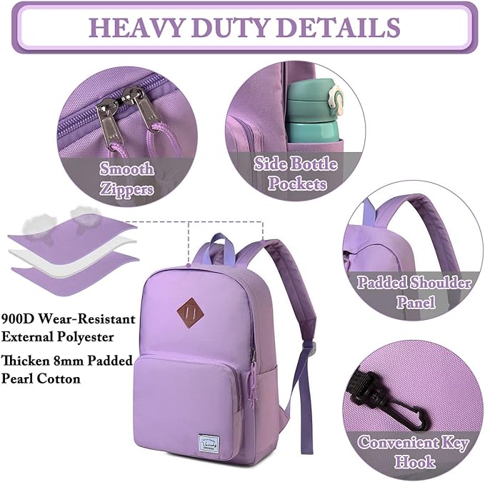 VASCHY School Backpack, Ultra Lightweight Backpack for Women Bookbag for Kids Teen Boys Girls Purple