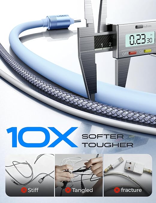 LISEN 10FT USB C Cable Fast Charging, Chubby 240W Cable USB C to USB C Fast Charging Soft Silicone USBC to USBC Parallel Cable for iPhone 17 Pro Max 16 15 Samsung S25 Ultra MacBook Pro Air iPad Blue