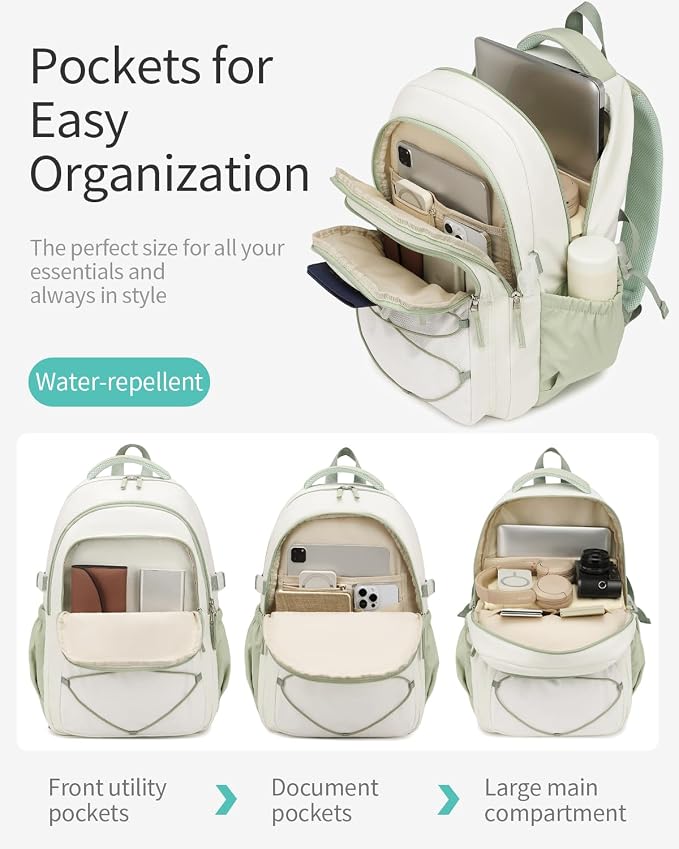 Teen Backpack for Girls, Women Bookbag for College Students Middle High School, Aesthetic Schoolbag Back Pack, White Green