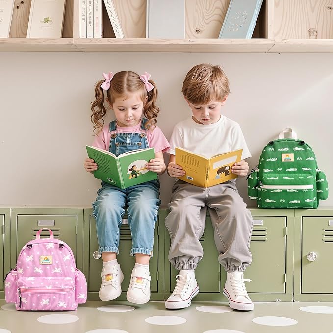 STEAMEDBUN Corduroy Toddler Backpack for Girls 2-4: Kids backpack for Boys Girls - 12 inch Preschool Kindergarten Backpacks - Green Racing