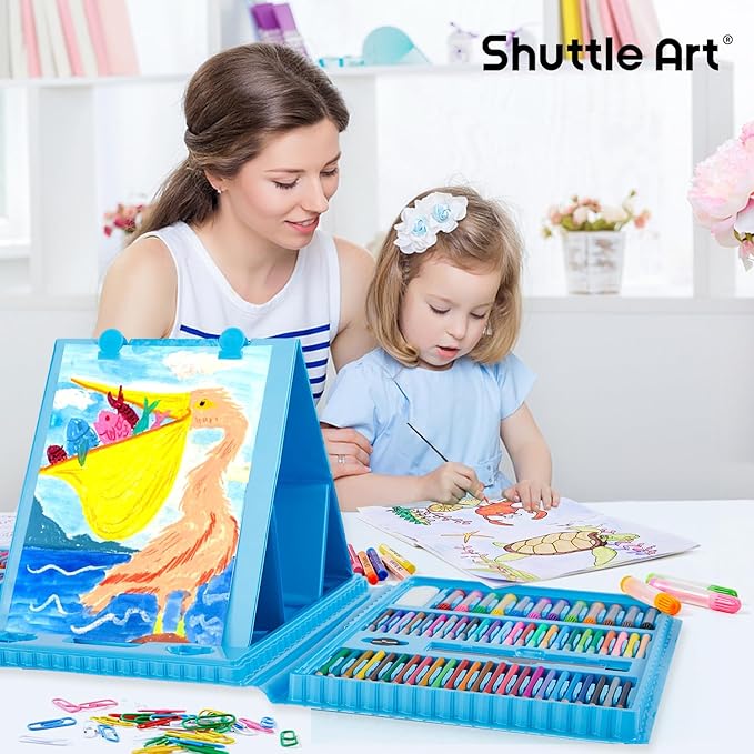 Shuttle Art 335 Piece Kids Art Set, Multi-Media Art Supplies, Gift Art Kit with Trifold Easel, 2 Drawing Pads, 2 Coloring Books, Oil Pastels, Crayons, Watercolors, Markers, Colored Pencils (Blue)