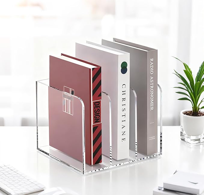 SANRUI Clear Acrylic File Organizer - 3 Compartments Magazine Holder, Vertical File Sorter for Home Office/Classroom/Dorm, Non-Slip Desk File Rack, No Assembly Required, B5 Size