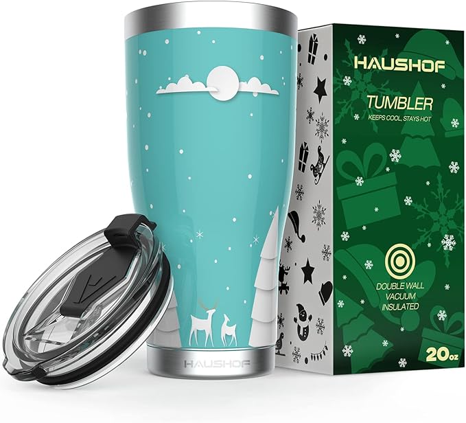 HAUSHOF 20oz Christmas Tumbler, Stainless Steel and Double Wall Vacuum Insulated Travel Coffee Mug with Lid, Good Choice for Gifts-Teal with Christmas Tree