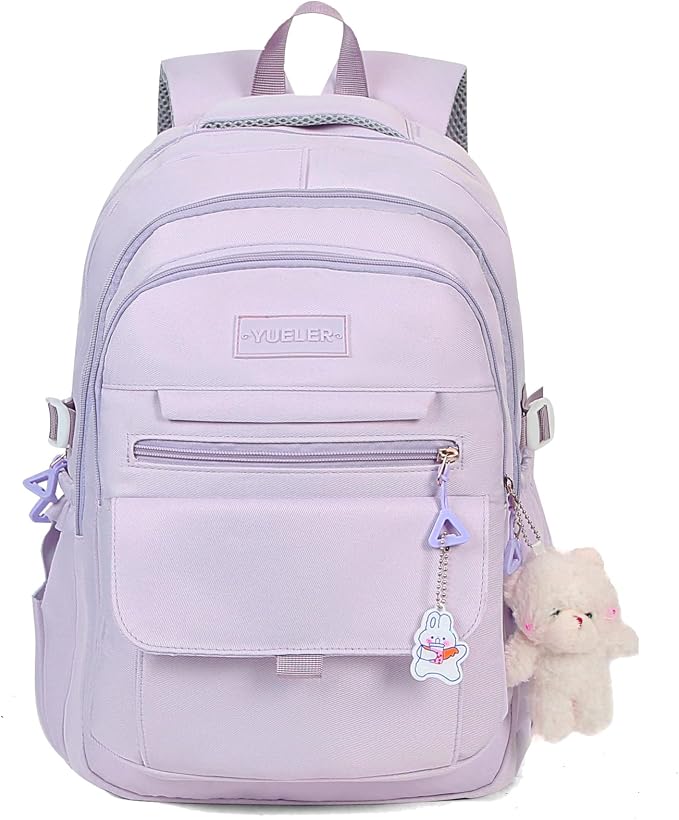 PRLINJSK Girls Backpack for College High Middle School Student, Cute Aesthetic Bookbag for Teens Women with Accessories，Purple