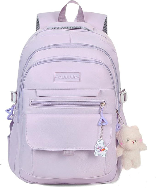 PRLINJSK Girls Backpack for College High Middle School Student, Cute Aesthetic Bookbag for Teens Women with Accessories，Purple