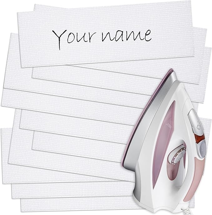 Outus 300 Pieces Iron on Fabric Name Labels for Clothing, 2 x 0.6 Inch Precut Custom Writable Clothes Name Tag Washable Personalized Label for School Nursing Home College Camp Daycare Uniform