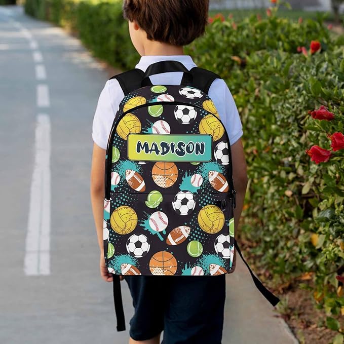 M YESCUSTOM Custom Boys Backpack with Lunch Box Set for Toddler Kids, Colorful Ball Games Football Personalized School Backpack with Name for Picnic Travel Lightweight Book Bag