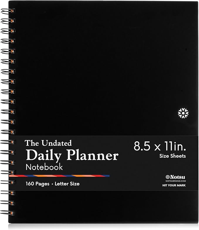 Notsu Undated Daily Planner Notebook | Minimalist Productivity Planner with To Do List, Agenda, Dot Grid, Lined, Notes sections. 160 Pages, Thick Paper 120 gsm, 8.5 x 11 inches, Black