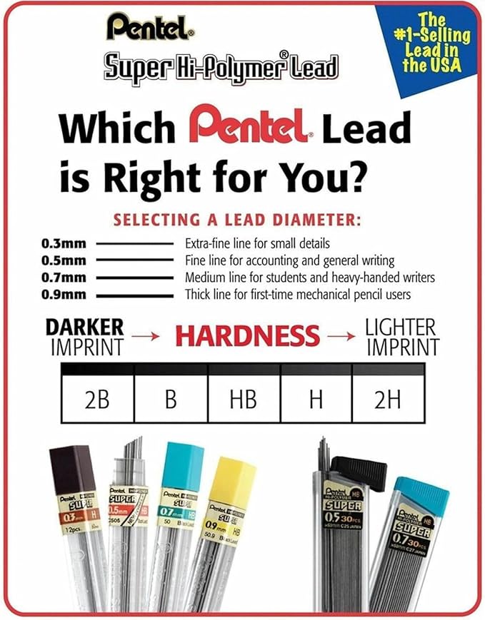 Pentel Super Hi-Polymer Lead Refills, (0.5 mm), Fine, HB, Pack of 3, 90 Pieces (C25BPHB3-K6)