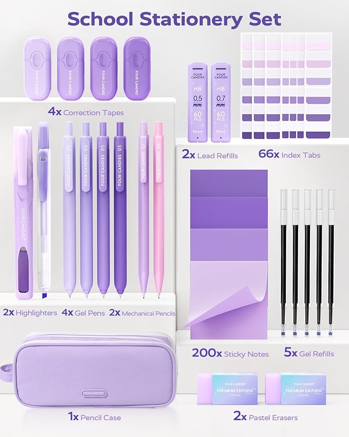 Four Candies Purple School Supplies, Gel Pens with Black Ink,Correction Tapes,Pastel Highlighters, Mechanical Pencils, Sticky Notes, Index Post for Bible Study Stationary College Essentials