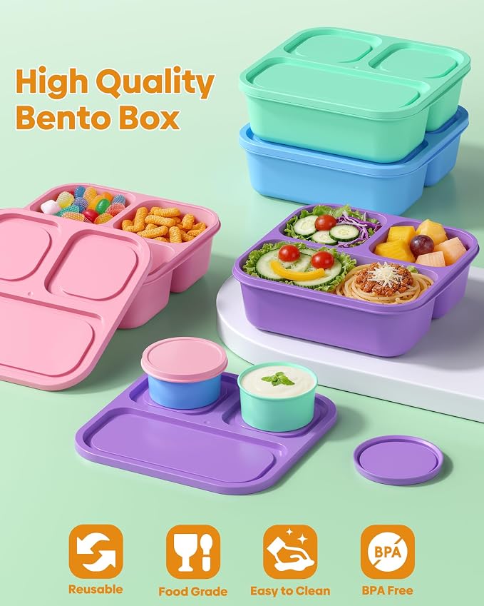 Canfanni 4 Pcs Bento Box Set, Reusable 3 Compartments Snack Boxes with 2 Leakproof Small Containers, Stackable Meal Prep Lunch Containers for School, Work, and Travel