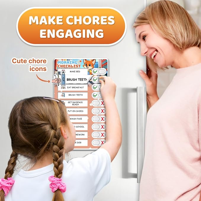 2 in 1 Upgraded Slider Bedtime/Morning Routine Chart for Kids Toddlers, Dry Erase Chore Chart for 2 Kids, Magnetic Visual Schedule for Kid
